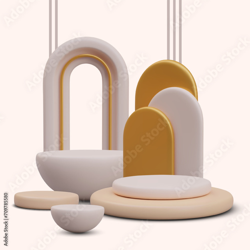 Composition with different arches in beige and white colors with gold elements