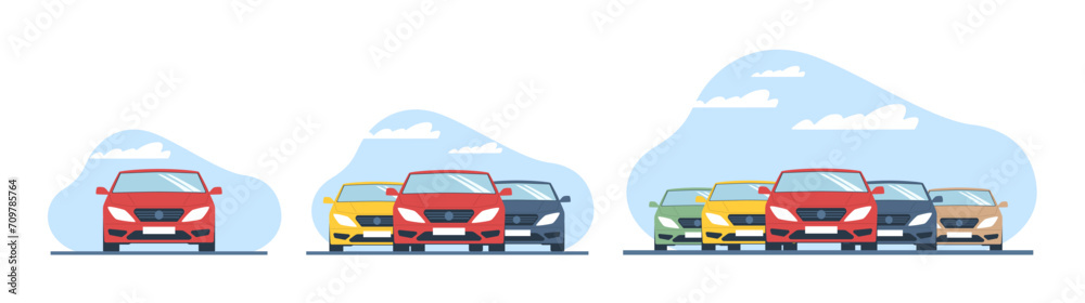 Road conditions, few cars and many cars in traffic jam. Sedan automobile front view, city transport. Modern minimalism graphics. Transportation cartoon flat isolated vector concept