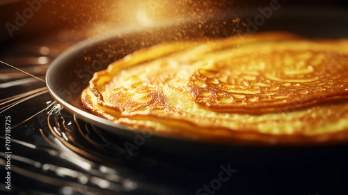 close-up golden pancake on a frying pan