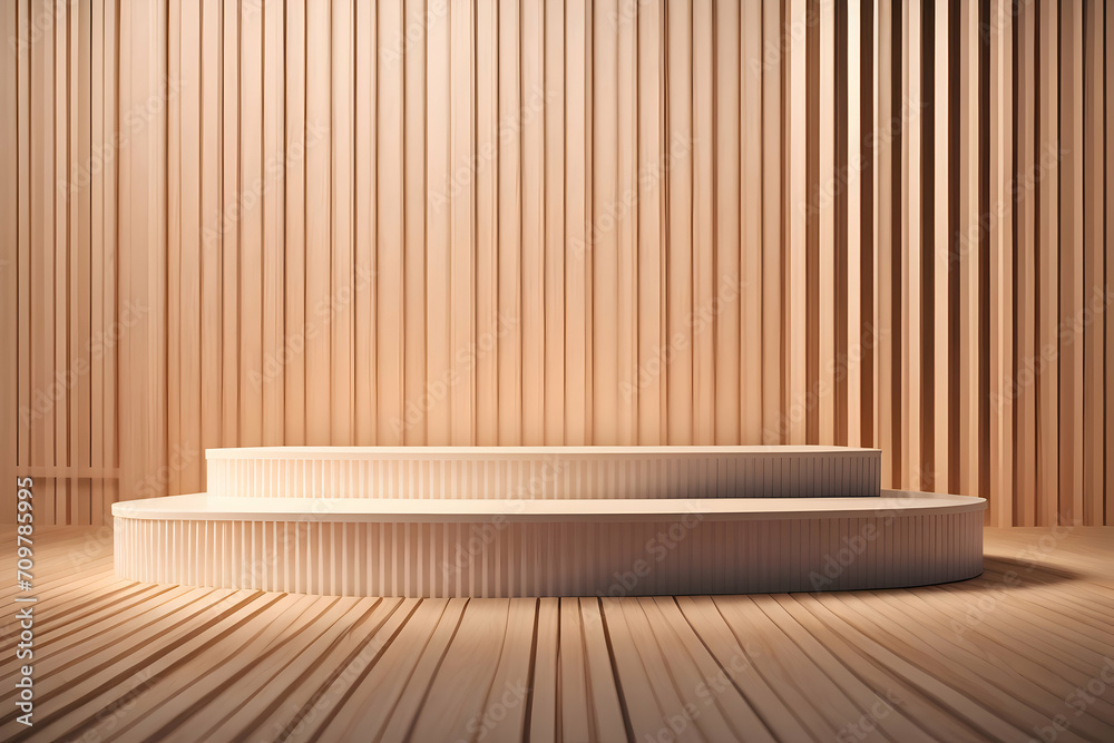Abstract wooden 3D room with podium. Studio showroom pedestal. Minimal scene mockup for product display presentation. Abstract wooden 3D room with podium. Studio showroom pedestal. Minimal scene mockup for product display presentation.