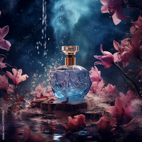 Elegance Perfume in a Beautiful Bottle with Spritzes and Blooms. Ideal for Website Design and Aesthetic Marketing, as well as Editorial Features on Luxury and Fragrance.