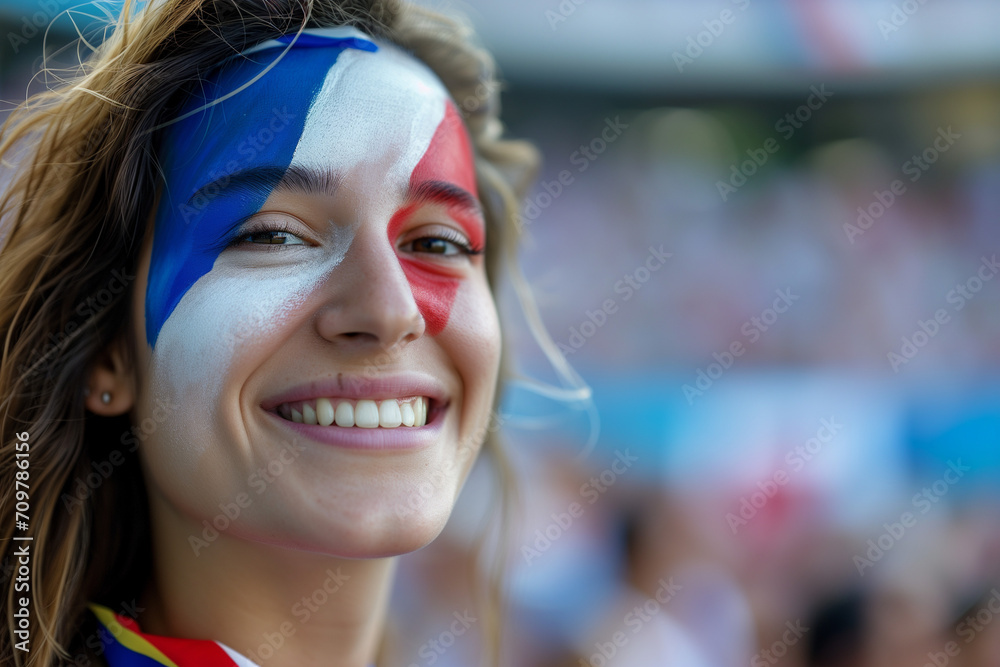 Excited Young French Football Fan Woman Cheering at European Soccer Tournament 2024, Close Up Portrait with French Flag Face Paint in Full Stadium - Summer Sports Enthusiasm Excited Young French Football Fan Woman Cheering at European Soccer Tournament 2024, Close Up Portrait with French Flag Face Paint in Full Stadium - Summer Sports Enthusiasm