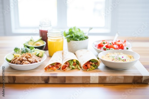 breakfast burrito bar setup with variety of fillings