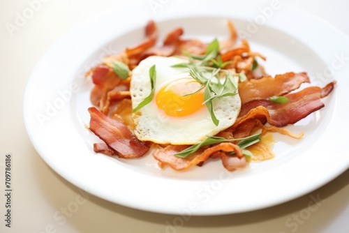 fried eggs with bacon strips on white plate