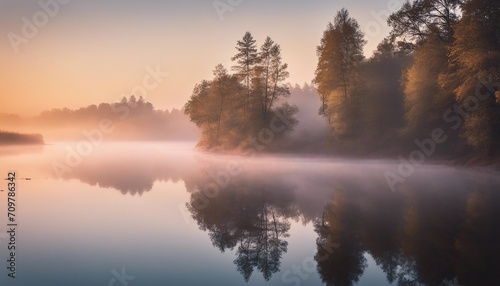 A Serene River Cutting Through a Misty Forest at Dawn, the water reflecting the pastel colors 