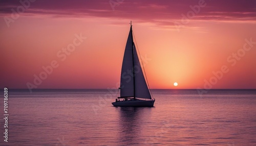 A Solitary Sailboat on a Calm Sea as Twilight Approaches, the sails bathed in the soft glow