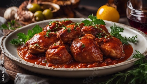 A traditional hunter's-style chicken stewed in a robust tomato and red wine sauce