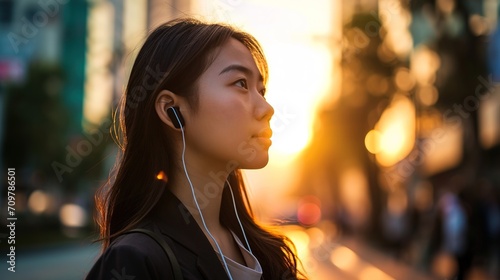 In the metropolis, a content young lady is enjoying music through her earphones.