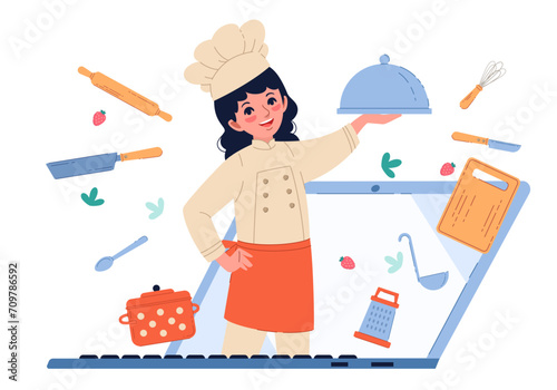 Online cooking, chef peering out from behind screen. Cute girl in uniform with kitchen elements and tableware on laptop. Internet webinar or courses. Cartoon flat isolated vector concept
