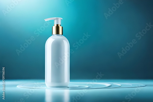 white cosmetic squeeze dispenser shampoo bottle , blue tones