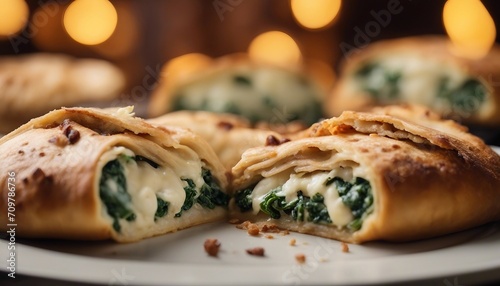 Calzone Farcito, a folded pizza filled with ricotta, spinach, and sausage, cut open to reveal photo