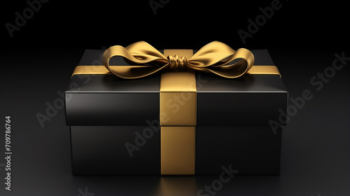 simple elegant design black gift box with golden ribbon isolated on black background