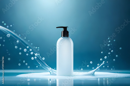 white cosmetic squeeze dispenser shampoo bottle , blue tones