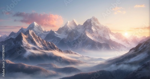 A scene of refined mountain peaks bathed in the gentle light of sunrise, evoking a sense of refined tranquility - Generative AI © Huzaifa