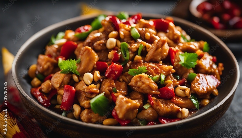 Kung Pao Chicken, a spicy stir-fry with chicken, peanuts, vegetables, and chili peppers Kung Pao Chicken, a spicy stir-fry with chicken, peanuts, vegetables, and chili peppers