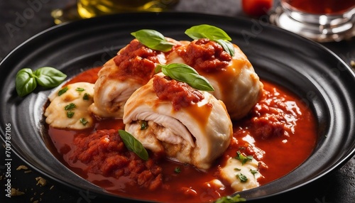 Involtini di Pollo, rolled chicken stuffed with mozzarella and basil, smothered in a marinara sauce