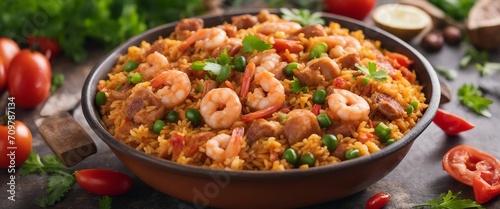 Jambalaya, a Creole dish with a mix of rice, shrimp, sausage, chicken, and vegetables, the variety 