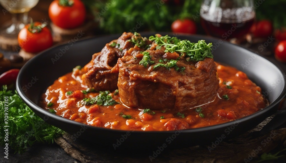Osso Buco, a Milanese specialty, featuring braised veal shanks in a hearty tomato and wine sauce Osso Buco, a Milanese specialty, featuring braised veal shanks in a hearty tomato and wine sauce