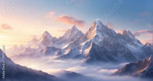 A scene of refined mountain peaks bathed in the gentle light of sunrise, evoking a sense of refined tranquility - Generative AI #709787309