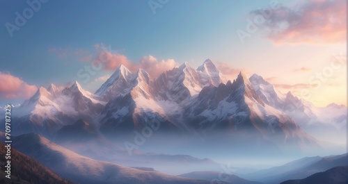 A scene of refined mountain peaks bathed in the gentle light of sunrise, evoking a sense of refined tranquility - Generative AI © Huzaifa
