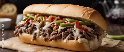 Philly Cheesesteak, thinly sliced beefsteak and melted cheese on a long hoagie roll, often topped photo