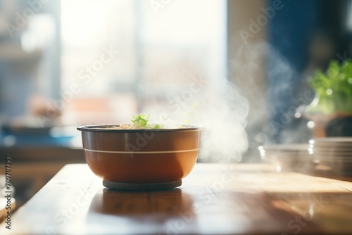 steaming bowl of bun cha in natural daylight