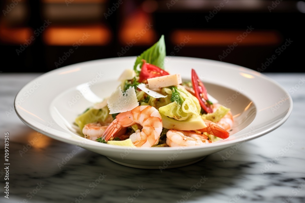 gourmet caesar salad with shrimp and avocado slices - obrazy, fototapety, plakaty 