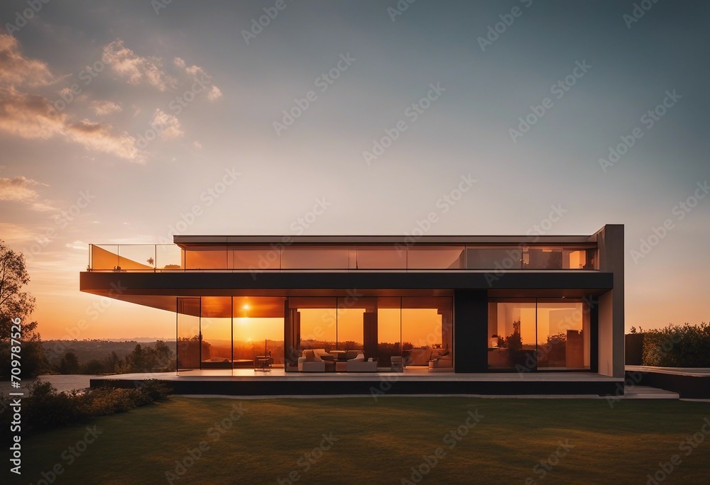 Sunset View of a Flat-Roofed Modern House, the orange hues of the sky reflecting off large glass