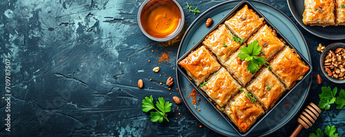 Baklava is a sweet pastry with layers of phyllo dough, nuts, and honey or syrup. Ramadan holiday photo