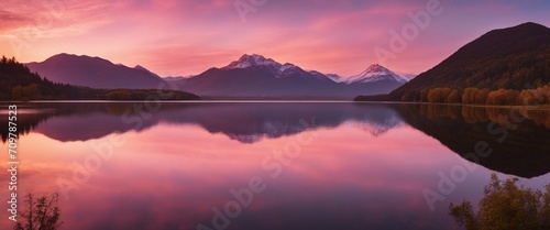Sunrise Over a Mountain Lake, the sky painted in hues of pink and orange, the still water reflecting