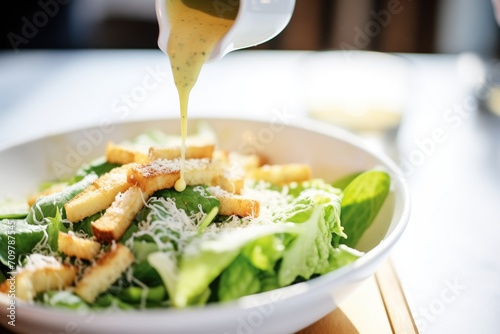 close-up of caesar dressing drizzle on romaine lettuce photo