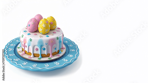 Sweet delicious festive Easter cake with white glaze, decorative sprinkles and colorful Easter eggs in a plate on a white background