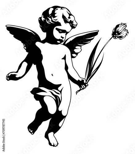 Angel with tulip in hand. Black and white illustration of an angel. Cupid. Divine child giving a flower. Boy with angel wings with tulip in hand. Monochrome angel. #709787745