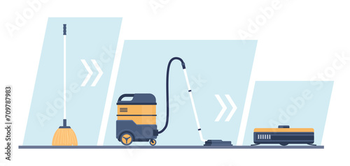 Evolution of cleaning tools from broom to robot vacuum cleaner. retro and modern technologies for household and chores. Housekeeping development cartoon flat isolated vector concept