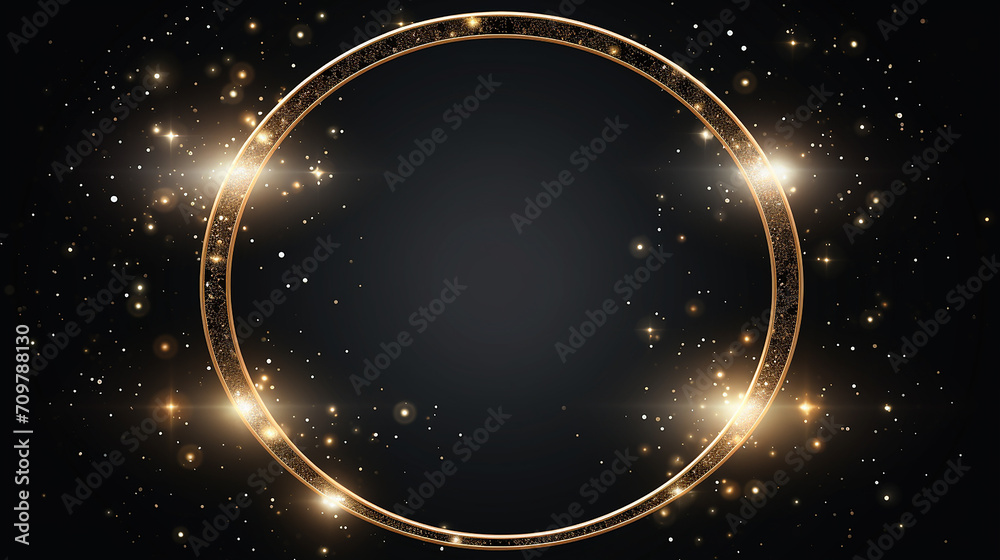 Obraz premium circle frame and gold ribbon decoration and glitter on black background
