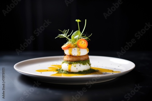 caprese with buffalo mozzarella on a dark plate, drops of pesto around photo