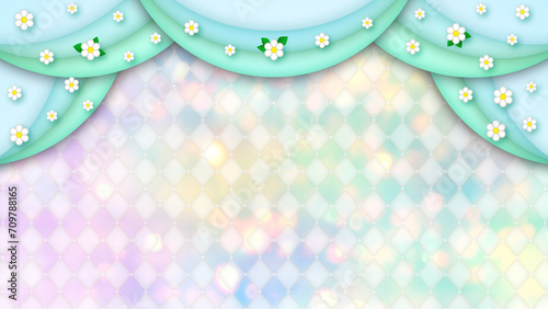 白い花とカーテン緑 薄い虹色のグラデーションダイヤモンド柄 レトロ