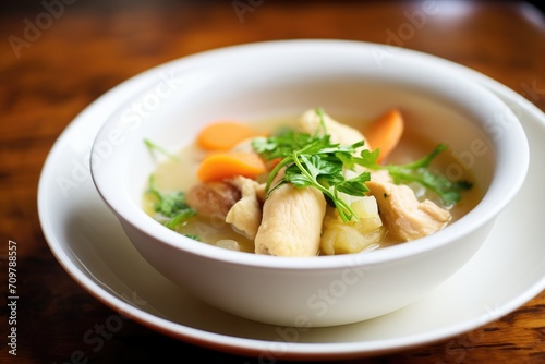 bowl of chicken and dumplings with parsley garnish