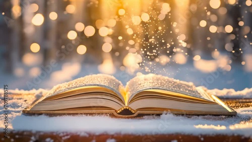 Open book with magical sparks on a snowy surface. Hardcover book with glowing pages in a wintry scene. photo