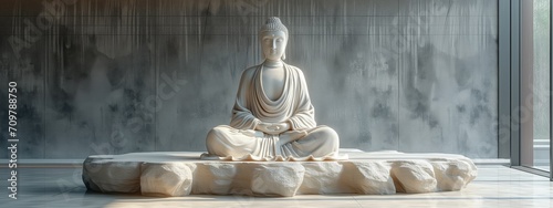 Un bouddha blanc magnifique posé sur un socle en intérieur. A magnificent white Buddha placed on an indoor base. photo