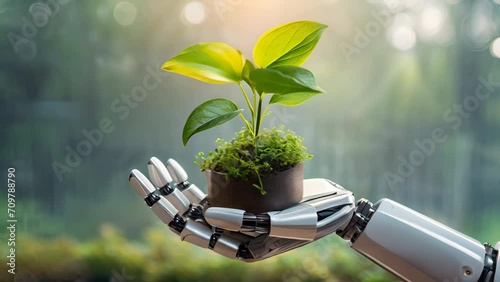 Robot arm holding a small potted plant. Mechanical hand with a green sprout against a blurred backdrop. photo