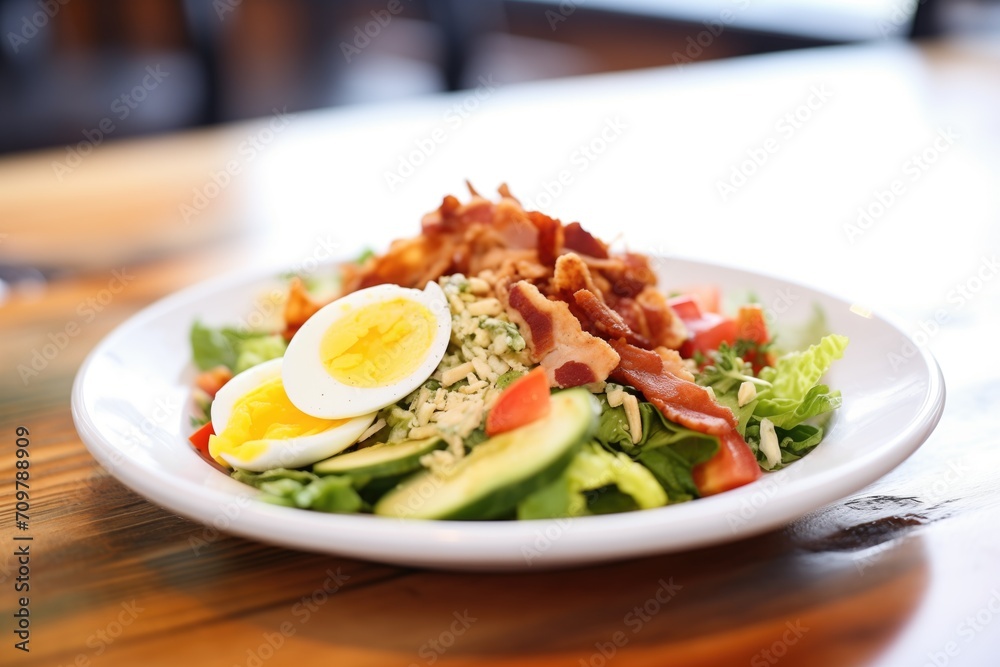 plated cobb salad with focus on crumbled bacon pieces plated cobb salad with focus on crumbled bacon pieces