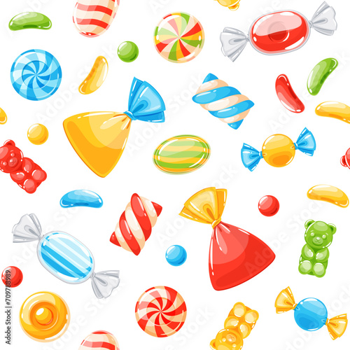 Cartoon candies seamless pattern. Lollipops, caramel and jelly bears, colored sugar products, different types sweets. Decor textile, wrapping paper, wallpaper design. Vector background