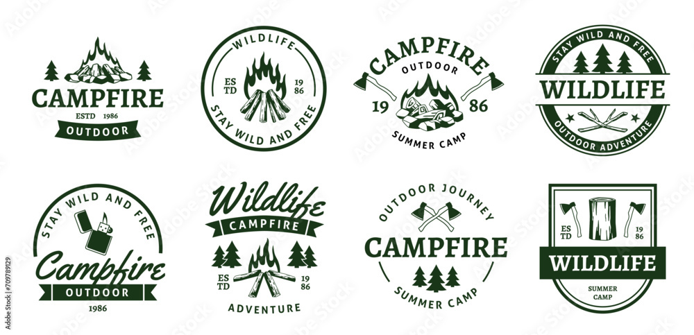 Campfire black emblems. Adventure design labels, burning firewood and woodpiles, axes and bonfires, hiking elements for prints, outdoor activities sticker. Traveling in forest tidy vector set