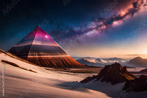 surreal outer space pyramid   glowing nebulas    mystical planet in parallel universe