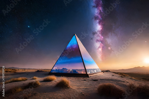surreal outer space pyramid , glowing nebulas , mystical planet in parallel universe