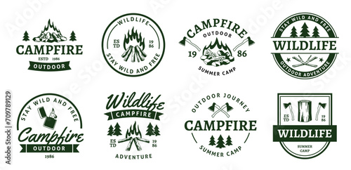 Campfire black emblems. Adventure design labels, burning firewood and woodpiles, axes and bonfires, hiking elements for prints, outdoor activities sticker. Traveling in forest tidy vector set photo