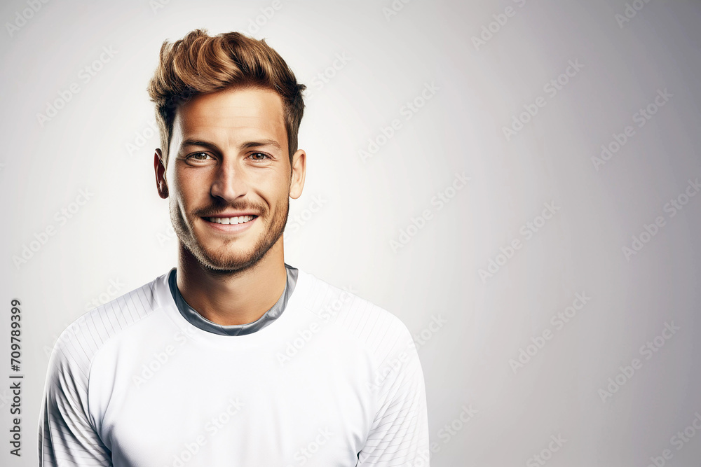 Fototapeta premium Happy young goalkeeper soccer portrait. Generative ai design.