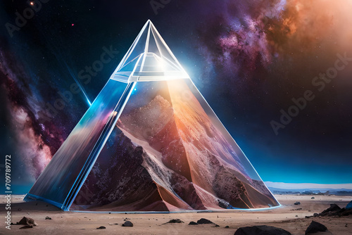 surreal outer space pyramid , glowing nebulas , mystical planet in the universe