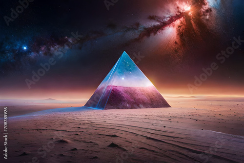 surreal outer space pyramid , glowing nebulas , mystical planet in the universe